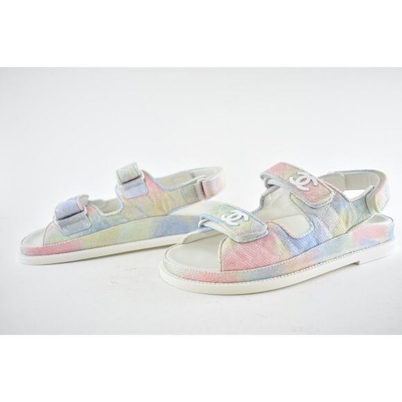 Chanel 22P Light Pink Lambskin Quilted CC Logo Cone Heel  Chanel 22C Green Pink Blue White CC Logo Mule Slide Strap Flat Dad Sandal 42
